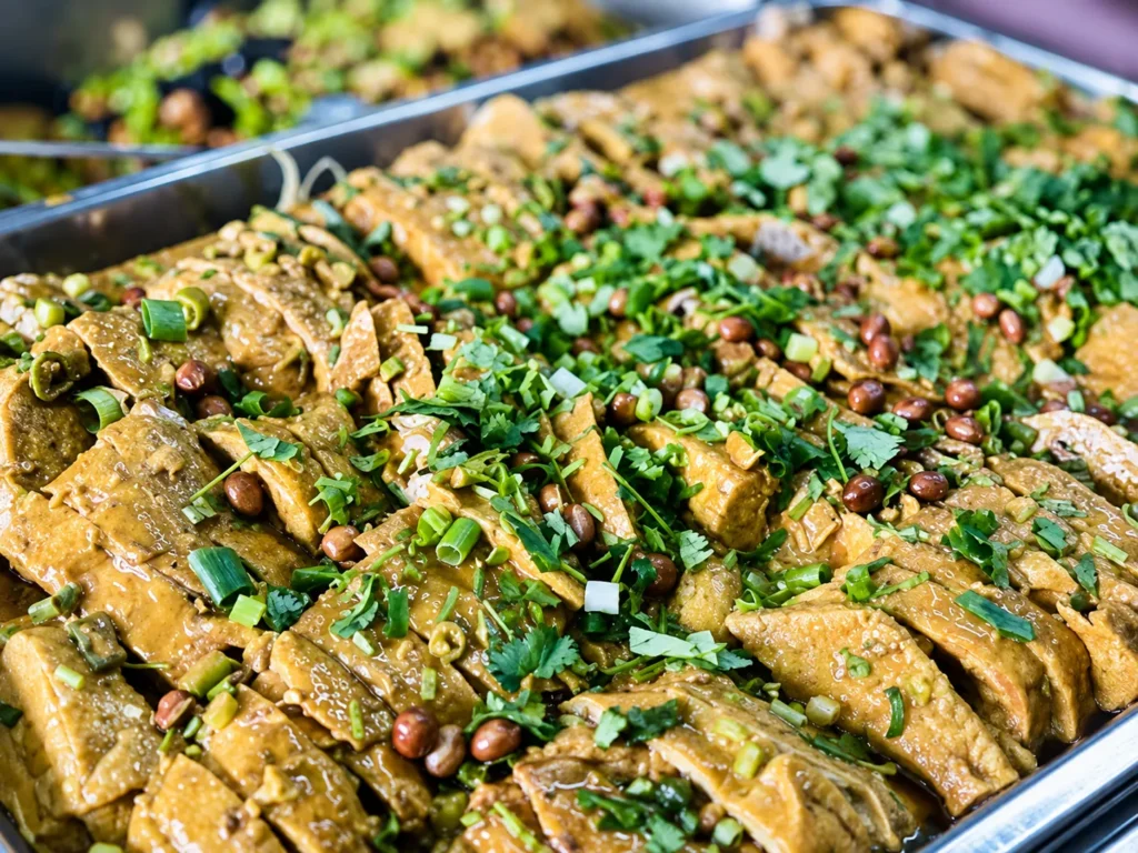 A close-up of a tray filled with a hearty, authentic Chinese regional dish.