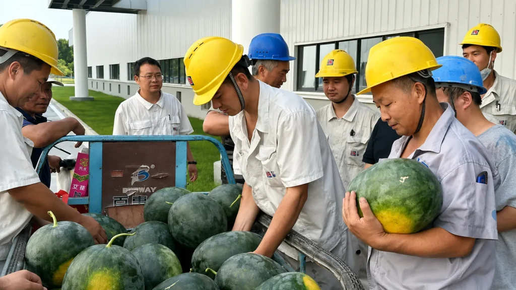 Frontline workers in hard hats unloading fresh watermelons from a cart.