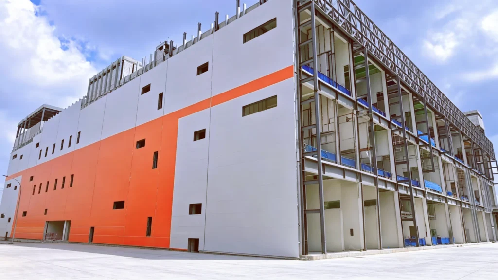 The partially completed exterior facade of a large-scale data centre building.