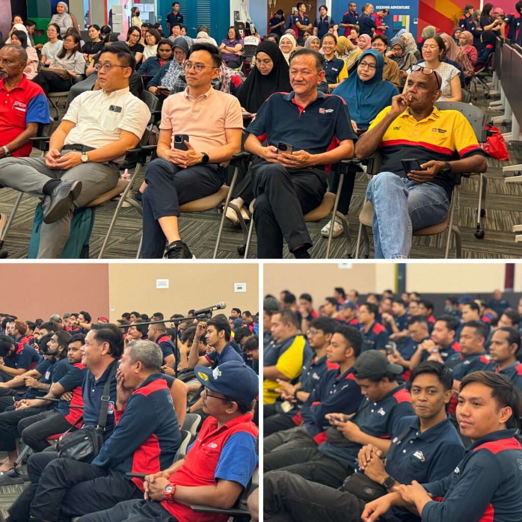 A photo collage showing engaged employees and executives listening attentively during the town hall presentation.